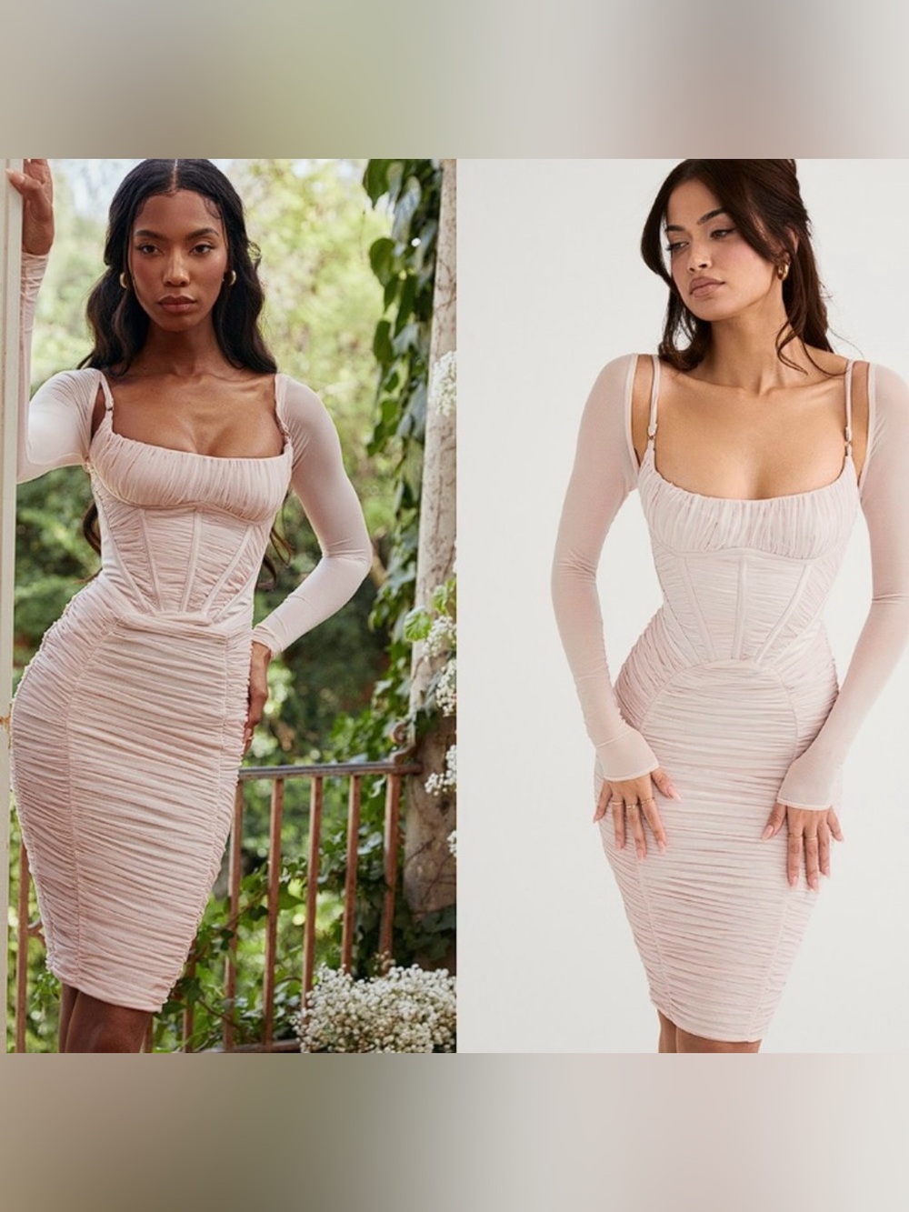 House of CB Blush Pink Ruched Off-Shoulder Long Sleeve Dress